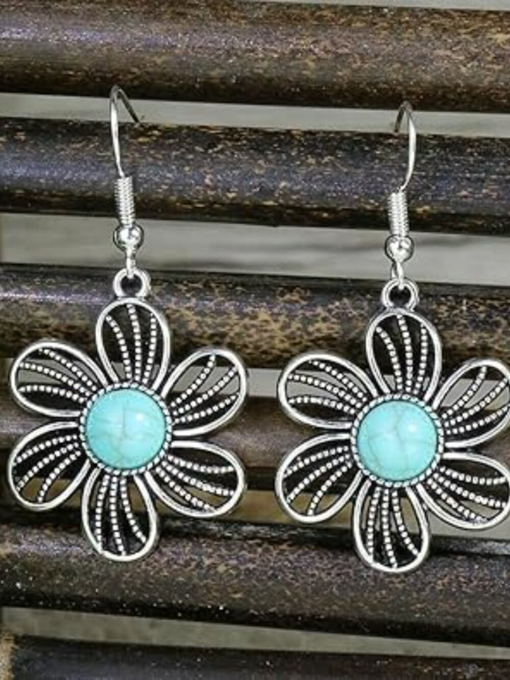Boho Earrings for Women Turquoise Engraved Flower Dangle Drop Statement